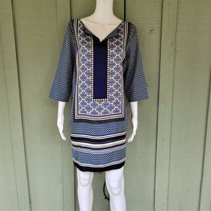 New THE LIMITED Blue Yellow Print Silky Shift Dress PL Petite Large